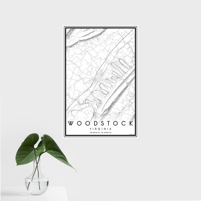 16x24 Woodstock Virginia Map Print Portrait Orientation in Classic Style With Tropical Plant Leaves in Water