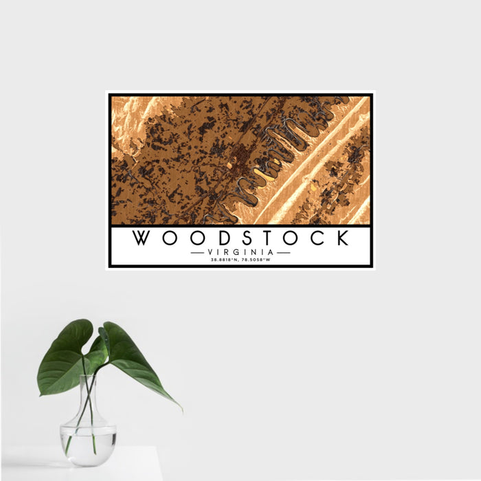 16x24 Woodstock Virginia Map Print Landscape Orientation in Ember Style With Tropical Plant Leaves in Water