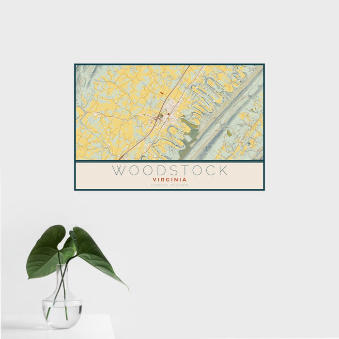 16x24 Woodstock Virginia Map Print Landscape Orientation in Woodblock Style With Tropical Plant Leaves in Water