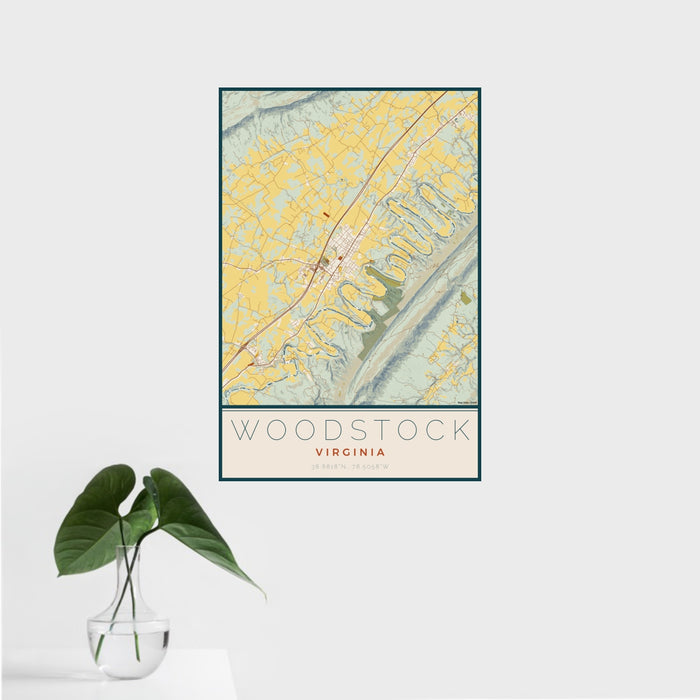 16x24 Woodstock Virginia Map Print Portrait Orientation in Woodblock Style With Tropical Plant Leaves in Water