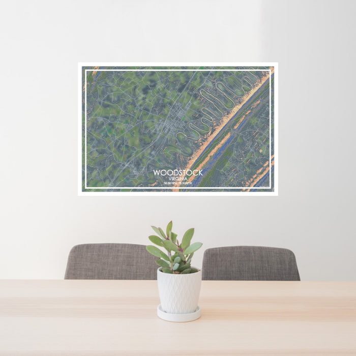 24x36 Woodstock Virginia Map Print Lanscape Orientation in Afternoon Style Behind 2 Chairs Table and Potted Plant