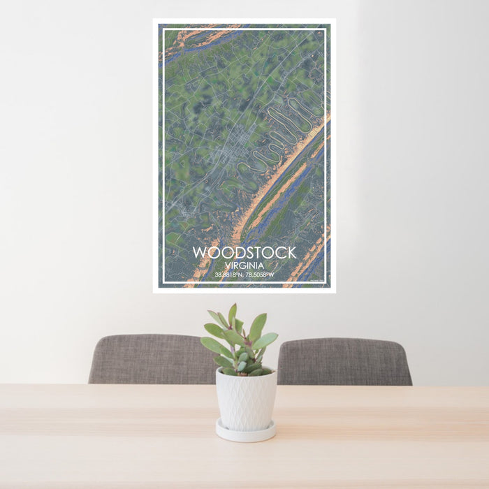 24x36 Woodstock Virginia Map Print Portrait Orientation in Afternoon Style Behind 2 Chairs Table and Potted Plant
