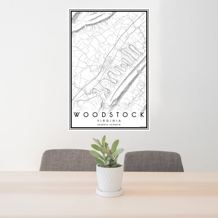24x36 Woodstock Virginia Map Print Portrait Orientation in Classic Style Behind 2 Chairs Table and Potted Plant