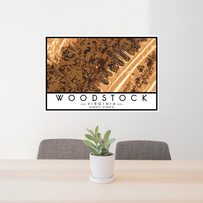 24x36 Woodstock Virginia Map Print Lanscape Orientation in Ember Style Behind 2 Chairs Table and Potted Plant