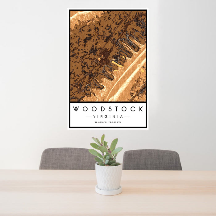 24x36 Woodstock Virginia Map Print Portrait Orientation in Ember Style Behind 2 Chairs Table and Potted Plant