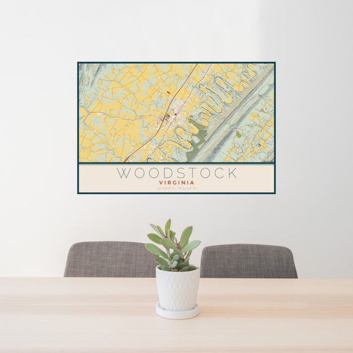 24x36 Woodstock Virginia Map Print Lanscape Orientation in Woodblock Style Behind 2 Chairs Table and Potted Plant