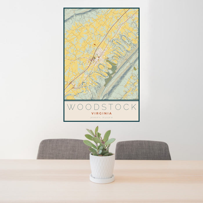 24x36 Woodstock Virginia Map Print Portrait Orientation in Woodblock Style Behind 2 Chairs Table and Potted Plant