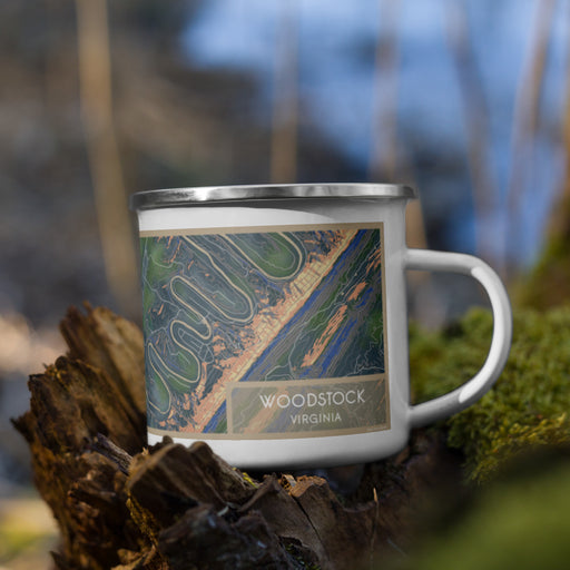 Right View Custom Woodstock Virginia Map Enamel Mug in Afternoon on Grass With Trees in Background