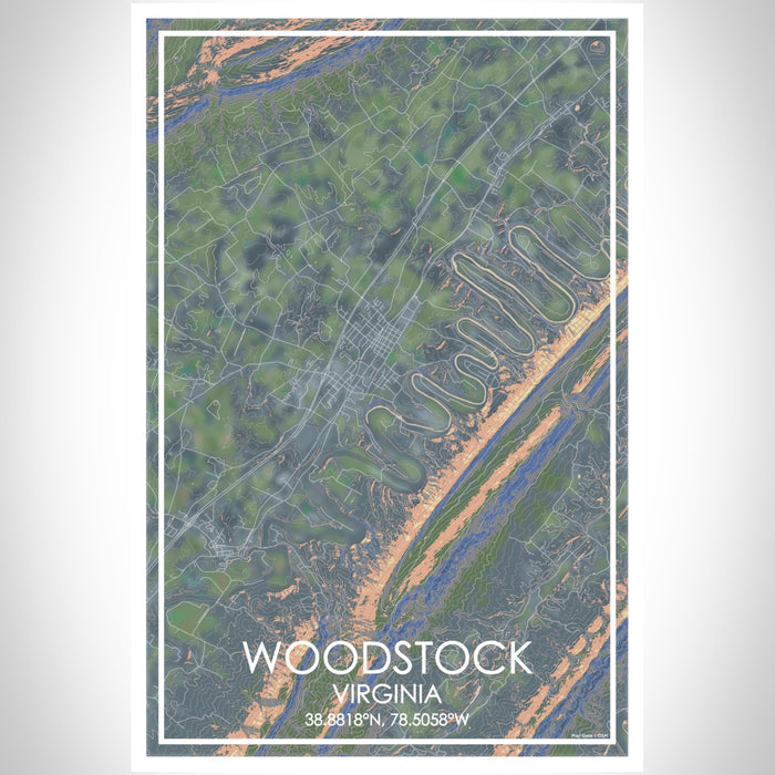 Woodstock Virginia Map Print Portrait Orientation in Afternoon Style With Shaded Background