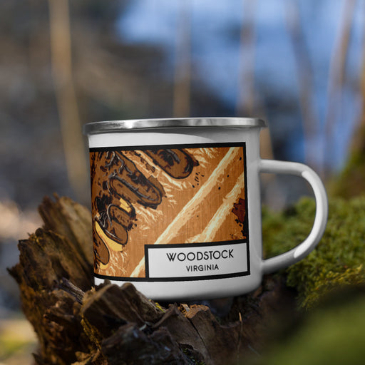 Right View Custom Woodstock Virginia Map Enamel Mug in Ember on Grass With Trees in Background