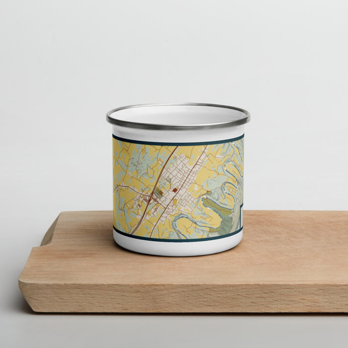 Front View Custom Woodstock Virginia Map Enamel Mug in Woodblock on Cutting Board