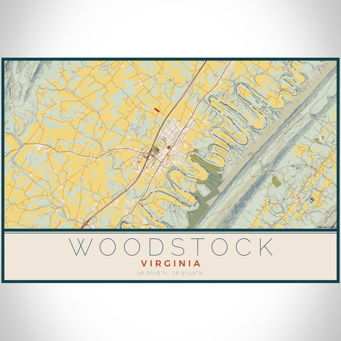 Woodstock Virginia Map Print Landscape Orientation in Woodblock Style With Shaded Background