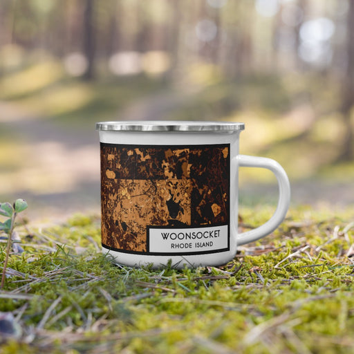 Right View Custom Woonsocket Rhode Island Map Enamel Mug in Ember on Grass With Trees in Background