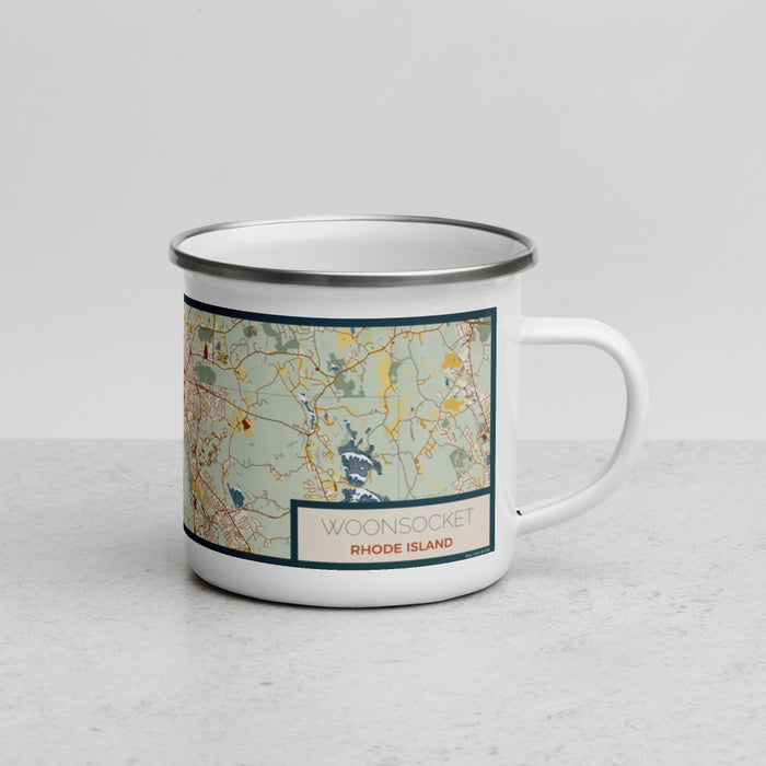 Right View Custom Woonsocket Rhode Island Map Enamel Mug in Woodblock