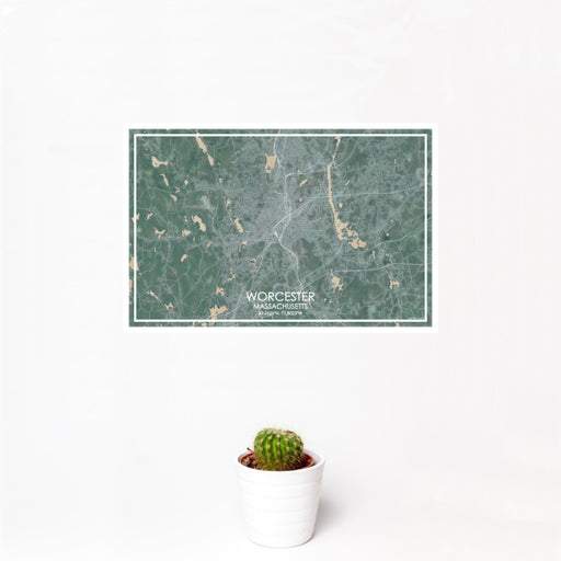 12x18 Worcester Massachusetts Map Print Landscape Orientation in Afternoon Style With Small Cactus Plant in White Planter
