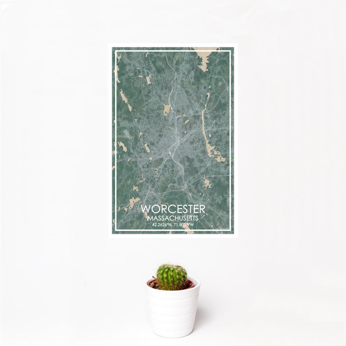 12x18 Worcester Massachusetts Map Print Portrait Orientation in Afternoon Style With Small Cactus Plant in White Planter