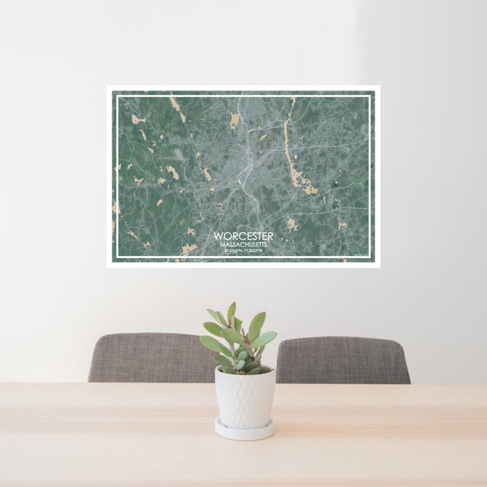 24x36 Worcester Massachusetts Map Print Lanscape Orientation in Afternoon Style Behind 2 Chairs Table and Potted Plant