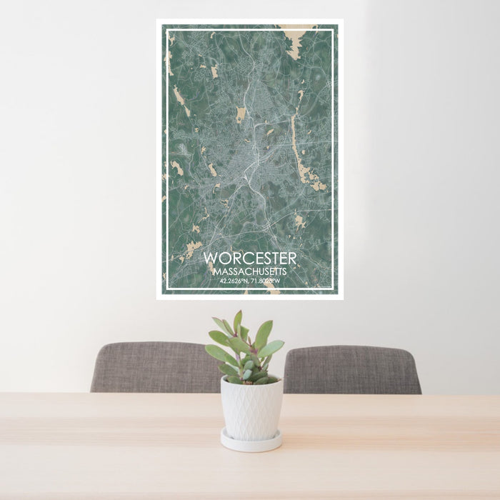24x36 Worcester Massachusetts Map Print Portrait Orientation in Afternoon Style Behind 2 Chairs Table and Potted Plant