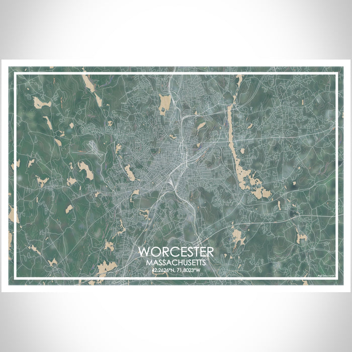 Worcester Massachusetts Map Print Landscape Orientation in Afternoon Style With Shaded Background