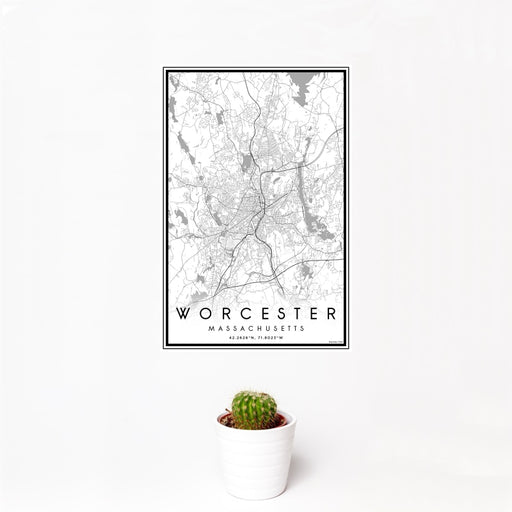 12x18 Worcester Massachusetts Map Print Portrait Orientation in Classic Style With Small Cactus Plant in White Planter