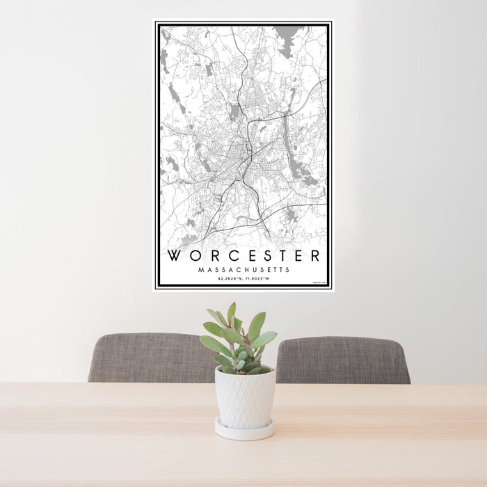 24x36 Worcester Massachusetts Map Print Portrait Orientation in Classic Style Behind 2 Chairs Table and Potted Plant
