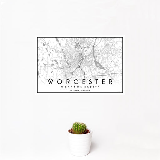12x18 Worcester Massachusetts Map Print Landscape Orientation in Classic Style With Small Cactus Plant in White Planter