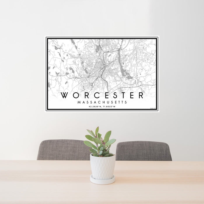 24x36 Worcester Massachusetts Map Print Landscape Orientation in Classic Style Behind 2 Chairs Table and Potted Plant