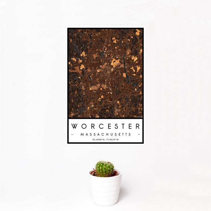 12x18 Worcester Massachusetts Map Print Portrait Orientation in Ember Style With Small Cactus Plant in White Planter