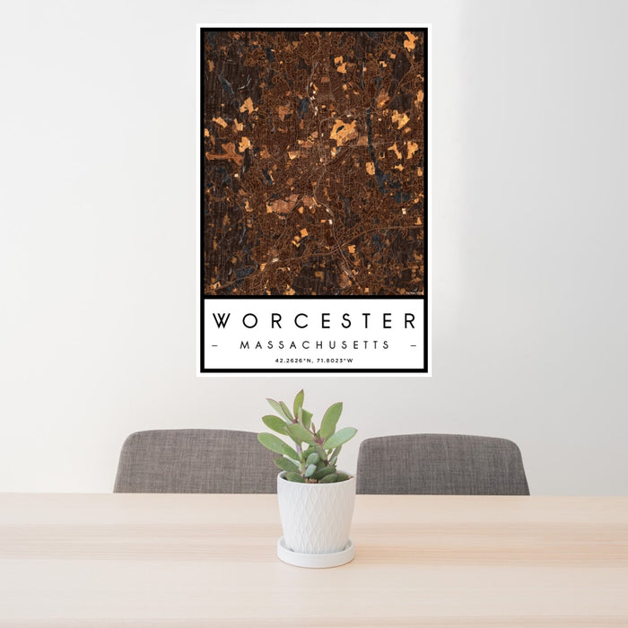 24x36 Worcester Massachusetts Map Print Portrait Orientation in Ember Style Behind 2 Chairs Table and Potted Plant