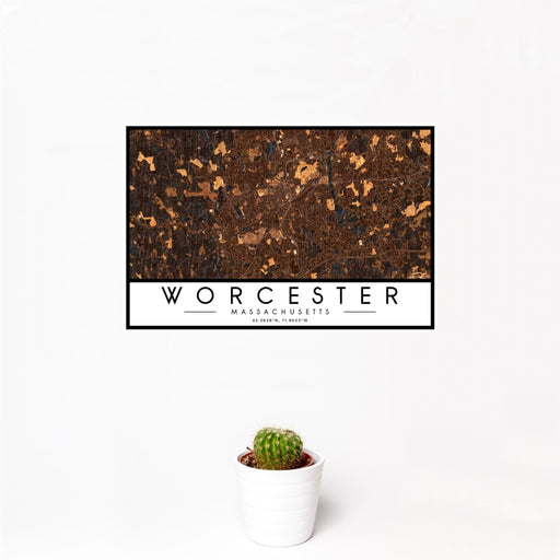 12x18 Worcester Massachusetts Map Print Landscape Orientation in Ember Style With Small Cactus Plant in White Planter