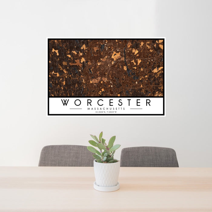 24x36 Worcester Massachusetts Map Print Landscape Orientation in Ember Style Behind 2 Chairs Table and Potted Plant