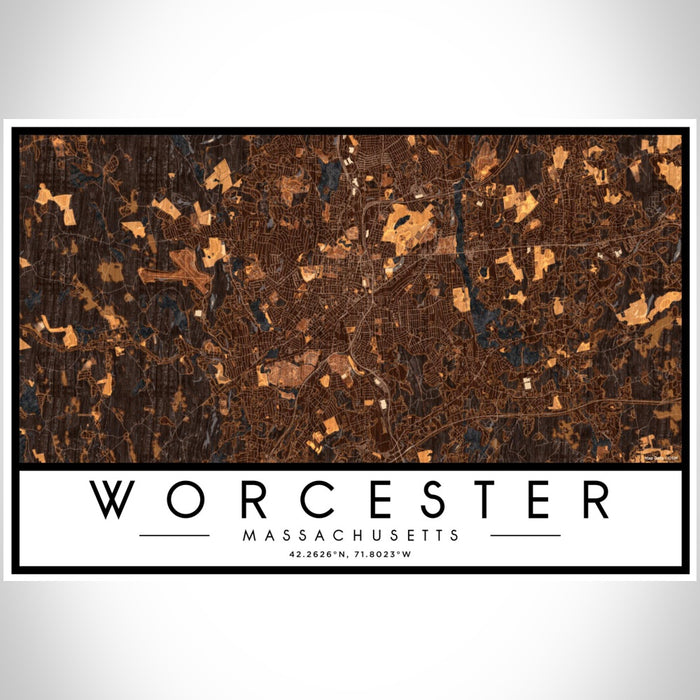 Worcester Massachusetts Map Print Landscape Orientation in Ember Style With Shaded Background