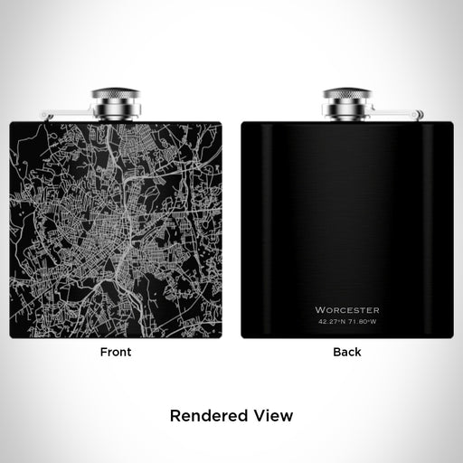 Rendered View of Worcester Massachusetts Map Engraving on 6oz Stainless Steel Flask in Black
