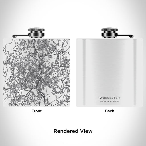 Rendered View of Worcester Massachusetts Map Engraving on 6oz Stainless Steel Flask in White