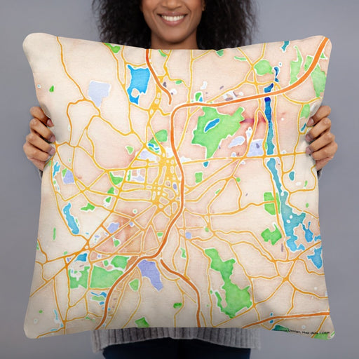 Person holding 22x22 Custom Worcester Massachusetts Map Throw Pillow in Watercolor