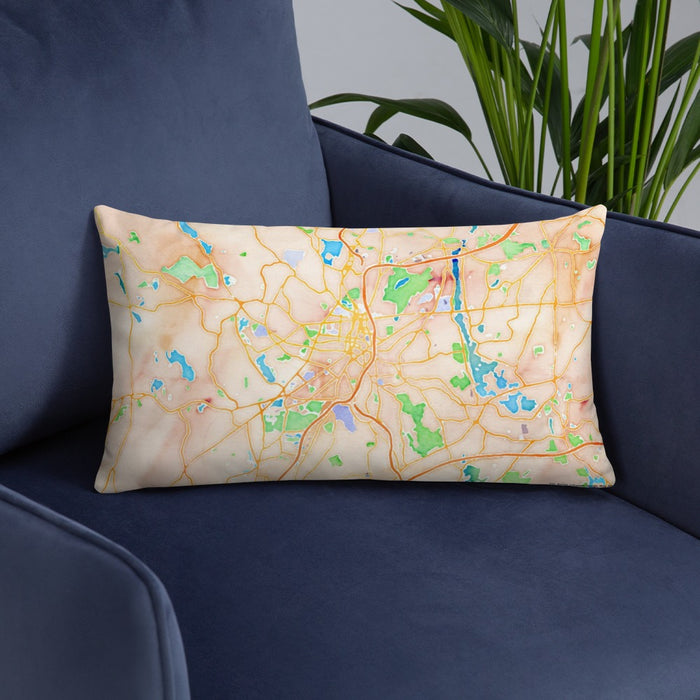 Custom Worcester Massachusetts Map Throw Pillow in Watercolor on Blue Colored Chair