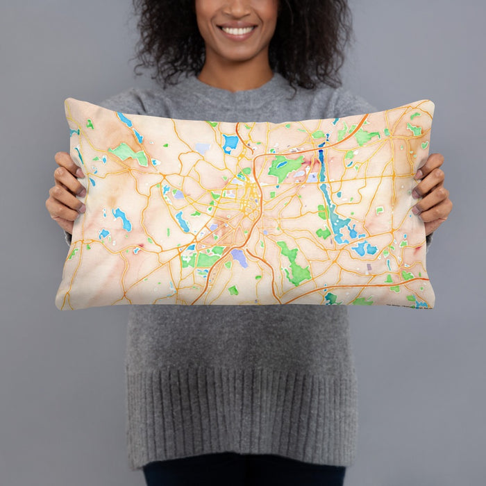 Person holding 20x12 Custom Worcester Massachusetts Map Throw Pillow in Watercolor