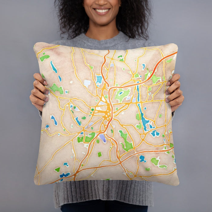 Person holding 18x18 Custom Worcester Massachusetts Map Throw Pillow in Watercolor