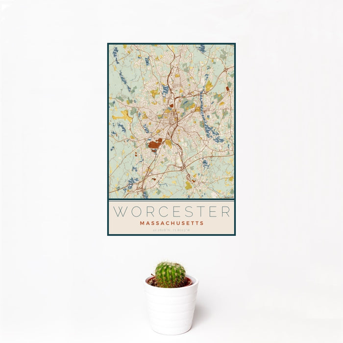12x18 Worcester Massachusetts Map Print Portrait Orientation in Woodblock Style With Small Cactus Plant in White Planter