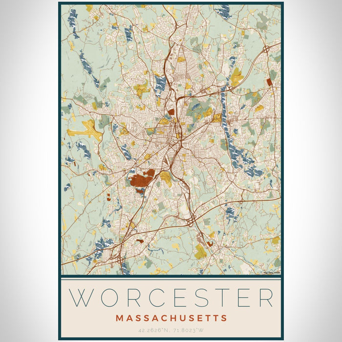 Worcester Massachusetts Map Print Portrait Orientation in Woodblock Style With Shaded Background