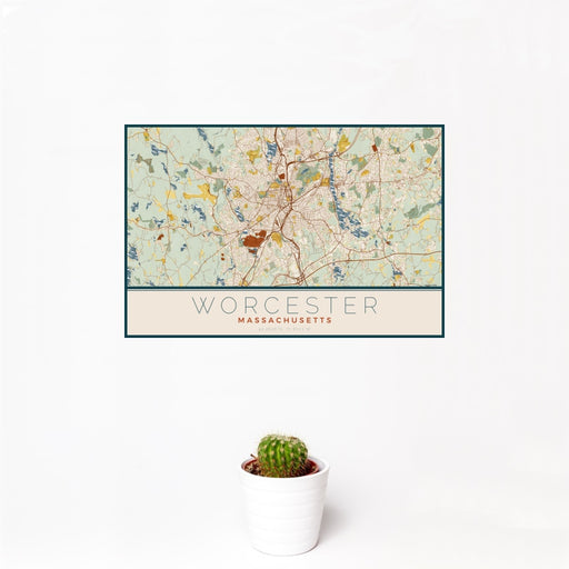 12x18 Worcester Massachusetts Map Print Landscape Orientation in Woodblock Style With Small Cactus Plant in White Planter