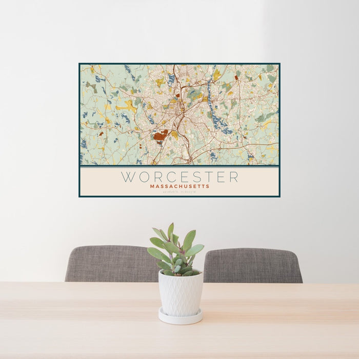 24x36 Worcester Massachusetts Map Print Landscape Orientation in Woodblock Style Behind 2 Chairs Table and Potted Plant