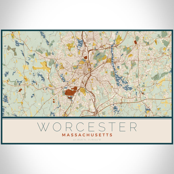 Worcester Massachusetts Map Print Landscape Orientation in Woodblock Style With Shaded Background