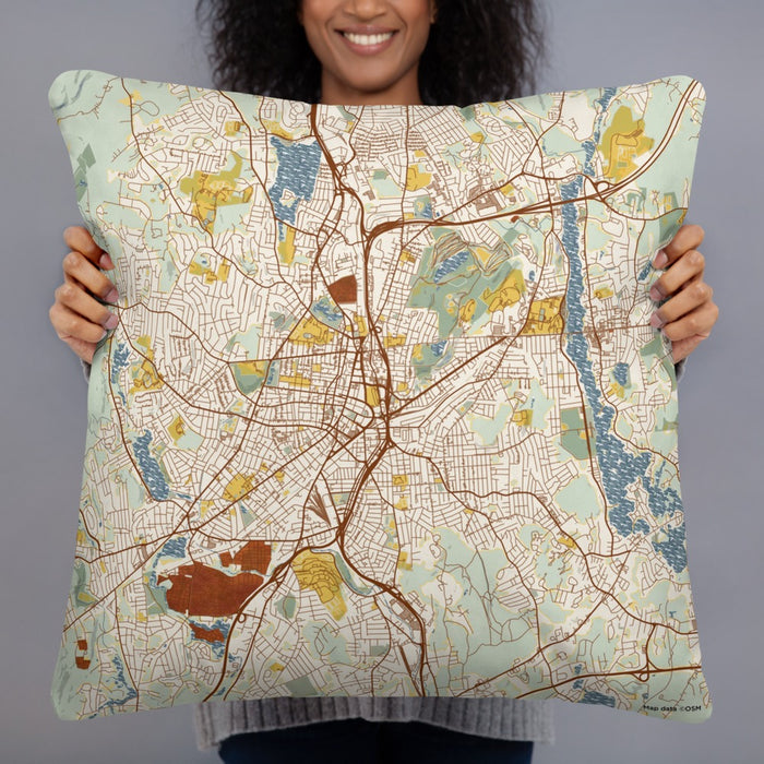 Person holding 22x22 Custom Worcester Massachusetts Map Throw Pillow in Woodblock
