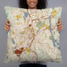 Person holding 22x22 Custom Worcester Massachusetts Map Throw Pillow in Woodblock