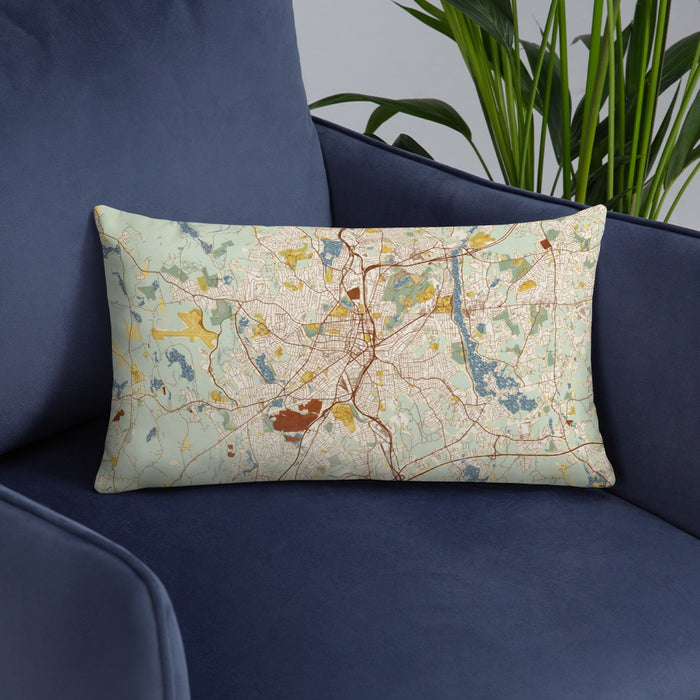Custom Worcester Massachusetts Map Throw Pillow in Woodblock on Blue Colored Chair