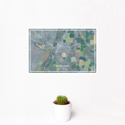 12x18 Worland Wyoming Map Print Landscape Orientation in Afternoon Style With Small Cactus Plant in White Planter