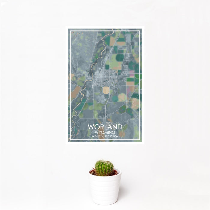 12x18 Worland Wyoming Map Print Portrait Orientation in Afternoon Style With Small Cactus Plant in White Planter
