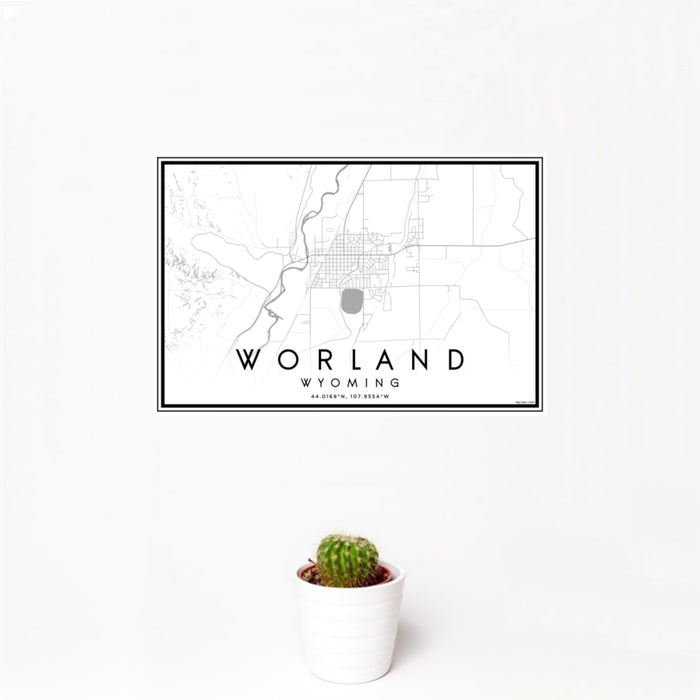 12x18 Worland Wyoming Map Print Landscape Orientation in Classic Style With Small Cactus Plant in White Planter