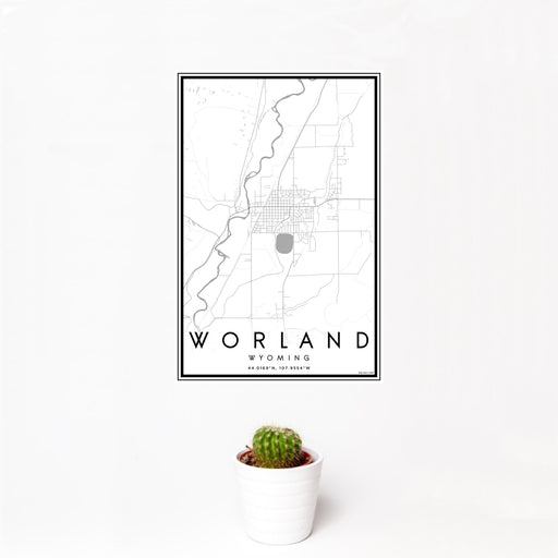 12x18 Worland Wyoming Map Print Portrait Orientation in Classic Style With Small Cactus Plant in White Planter
